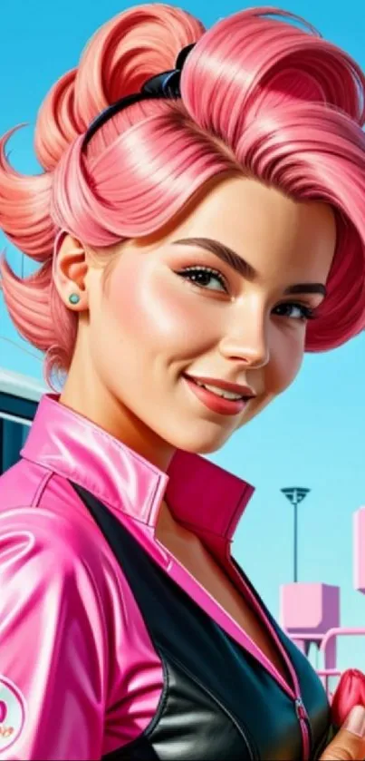 Retro portrait of a pink-haired character in vibrant colors.