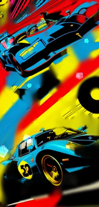 Vibrant retro racing cars wallpaper featuring bold colors and dynamic design.