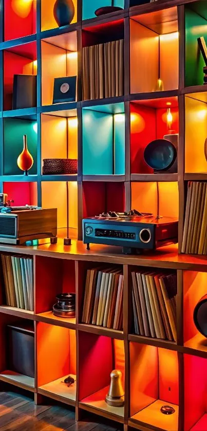 Colorful retro shelf with records and decor lighting