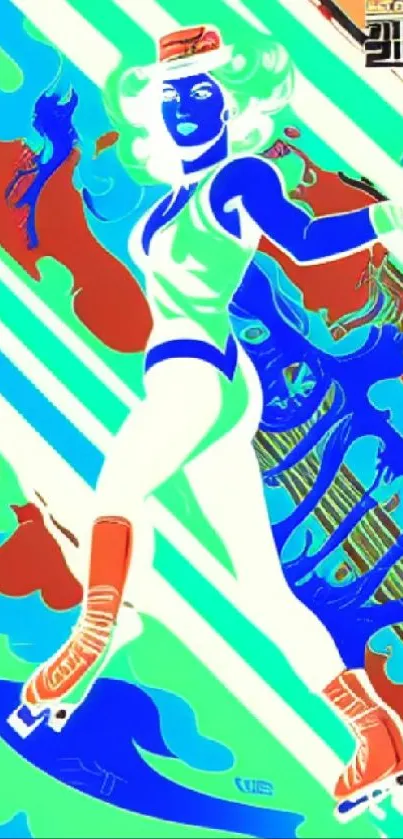 Retro skater with vibrant blue and red colors in abstract style.