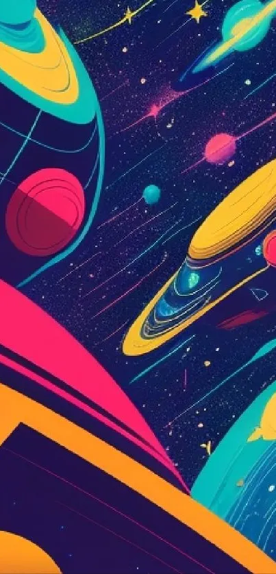 Bright retro space wallpaper with vibrant planets and cosmic design.