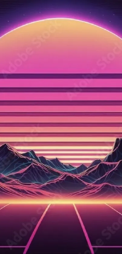 Neon pink retro sunset over mountains with grid lines creating a vibrant aesthetic.