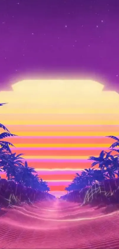 Retro sunset with neon palm trees and a purple starry sky.