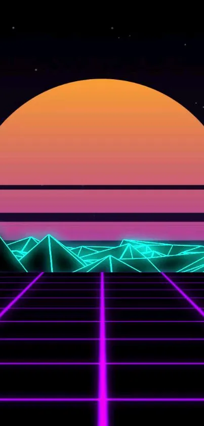 Vibrant retro sunset wallpaper with neon grids and futuristic design.