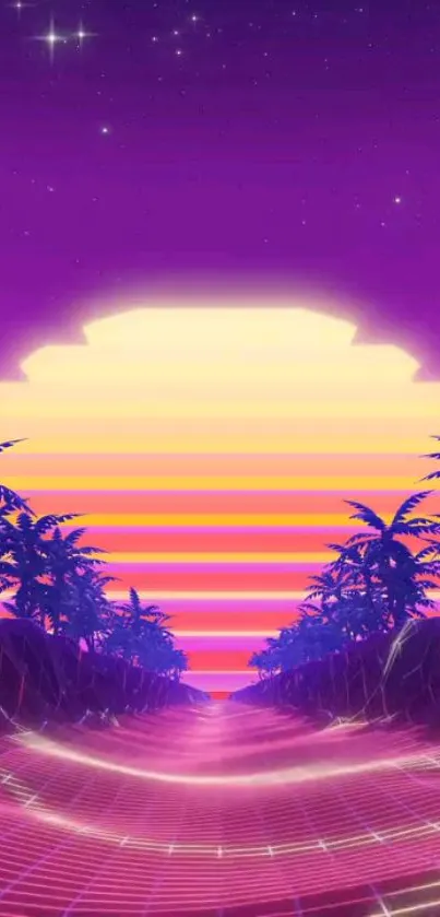 Retro sunset wallpaper with palm trees and purple hues.