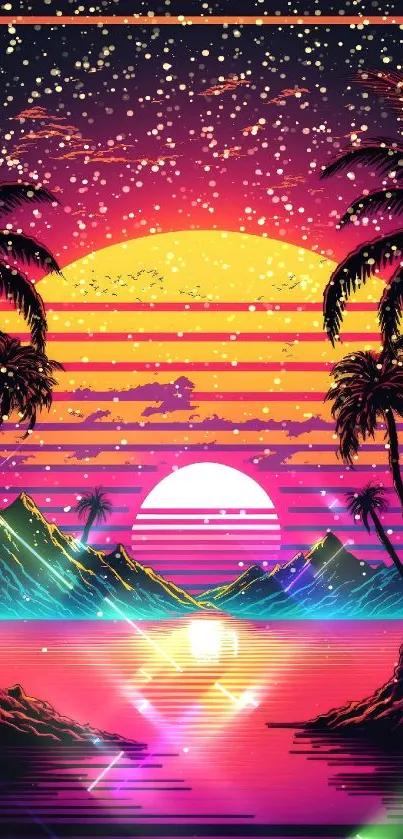 Vibrant neon sunset over tropical landscape with palm trees and mountains.