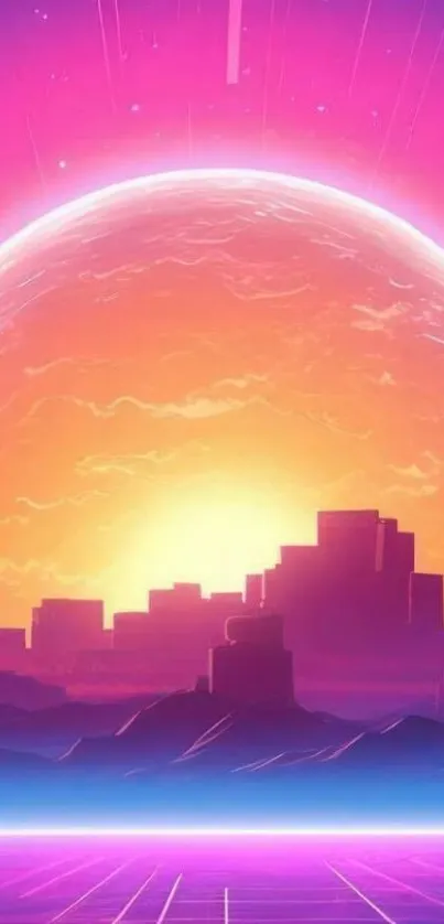 A retro neon sunset with a city silhouette and palm trees.