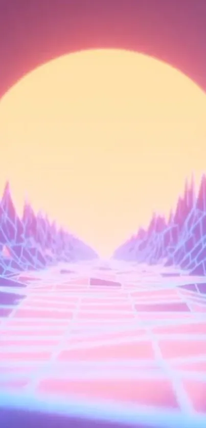 Neon purple synthwave landscape under a vibrant sunset.