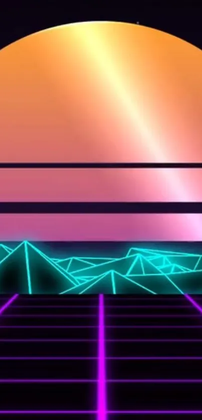 Retro synthwave sunset with neon grid and vibrant colors.