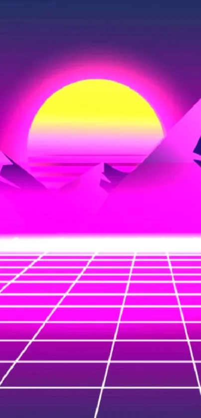 Neon pink synthwave wallpaper with sunset and mountains.