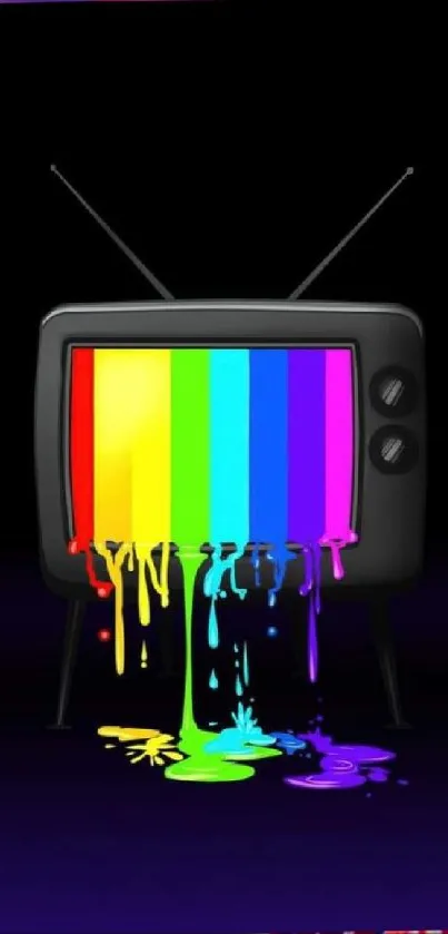 Retro TV with rainbow colors dripping down on a black background.