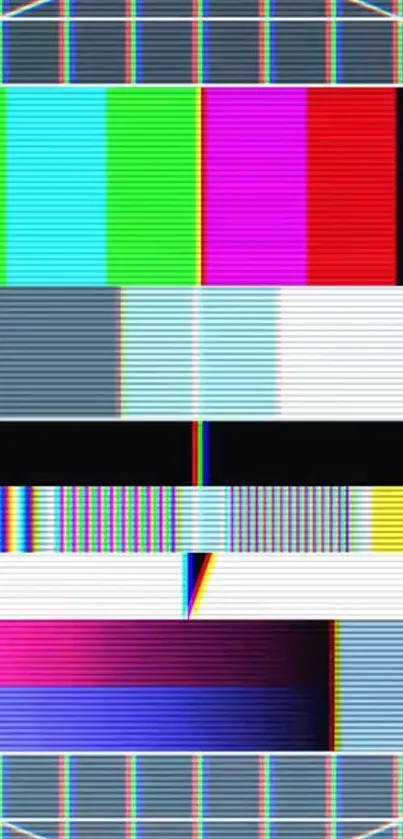 Colorful retro TV test pattern wallpaper with glitch elements and CRT aesthetics.