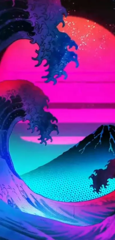 Neon pink and blue retro wave wallpaper with ocean and mountain.