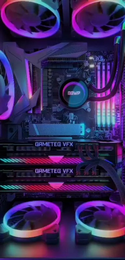 Vibrant RGB gaming PC with colorful LED lights.