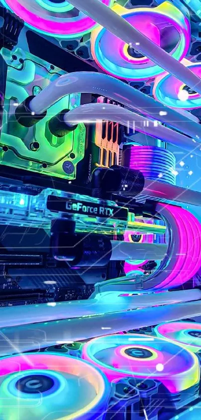 RGB gaming rig with neon components and colorful cooling fans.