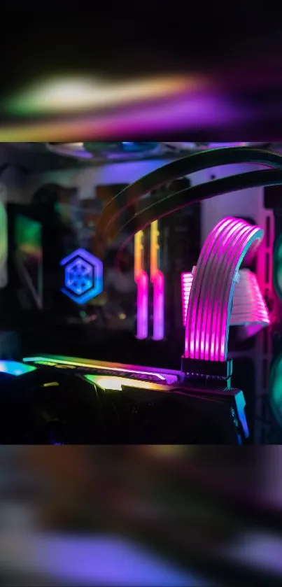 Vibrant RGB gaming PC setup with colorful lights.