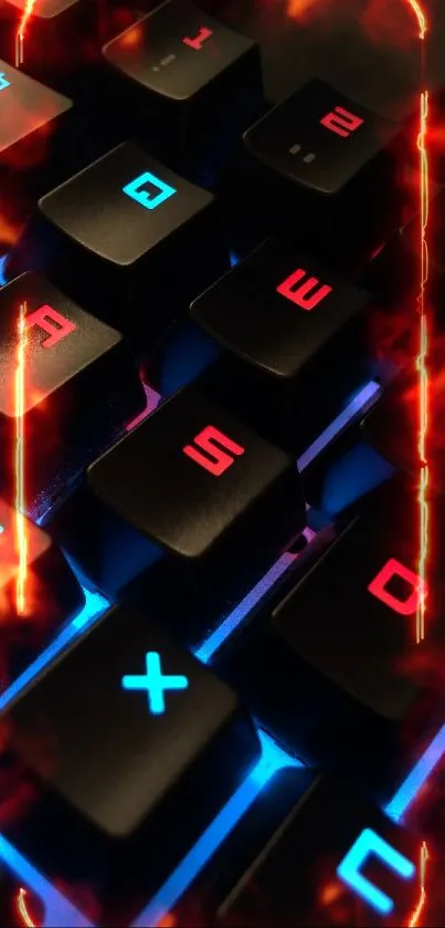 Close-up of an RGB keyboard with glowing keys.