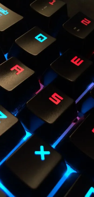 Close-up of a vibrant RGB keyboard with illuminated keys.