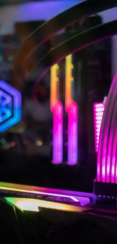 Vibrant RGB PC setup with colorful LED lights.