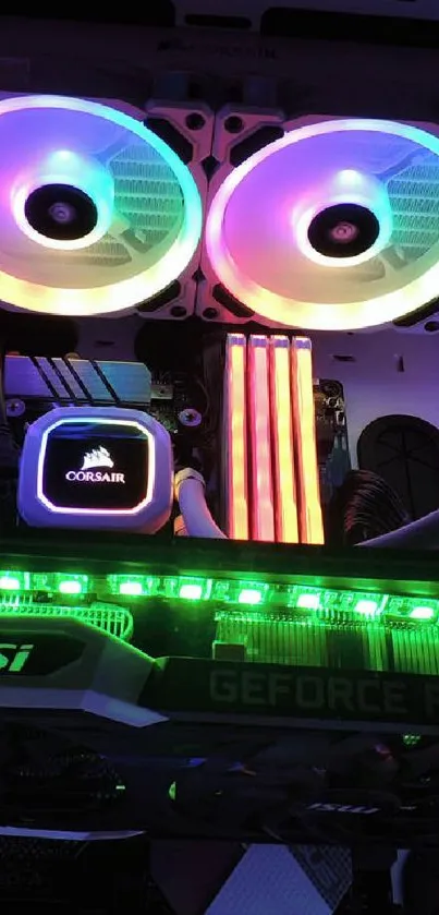 Vibrant RGB gaming PC setup with colorful LED lights.