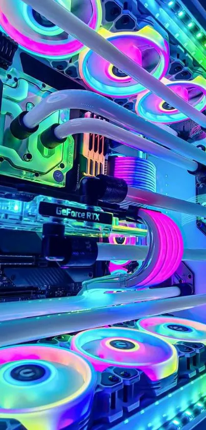 Dynamic RGB lights on a PC build with vibrant neon colors and sleek design.