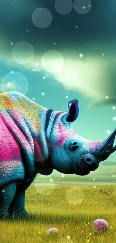 Colorful rhino in a serene field under pastel skies, perfect for mobile wallpaper.