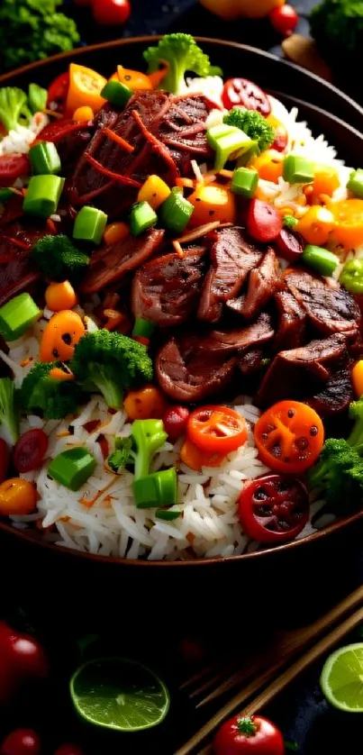 Vibrant mobile wallpaper of rice with colorful vegetables.