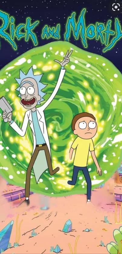 Rick and Morty jumping through a green portal in animated wallpaper.