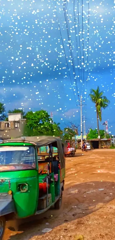 Green rickshaw with artistic digital snow on urban street.