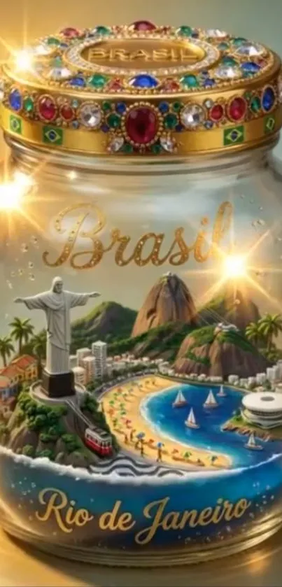 Elegant jar depicting Rio de Janeiro with iconic landmarks and vibrant colors.