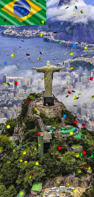 Rio de Janeiro view with Christ the Redeemer and colorful confetti.