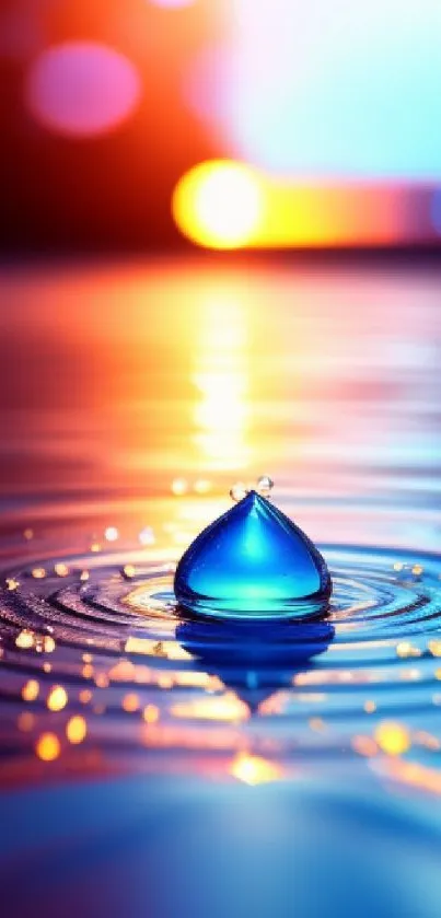 Vibrant scene with a blue water drop causing ripples on reflective surface.