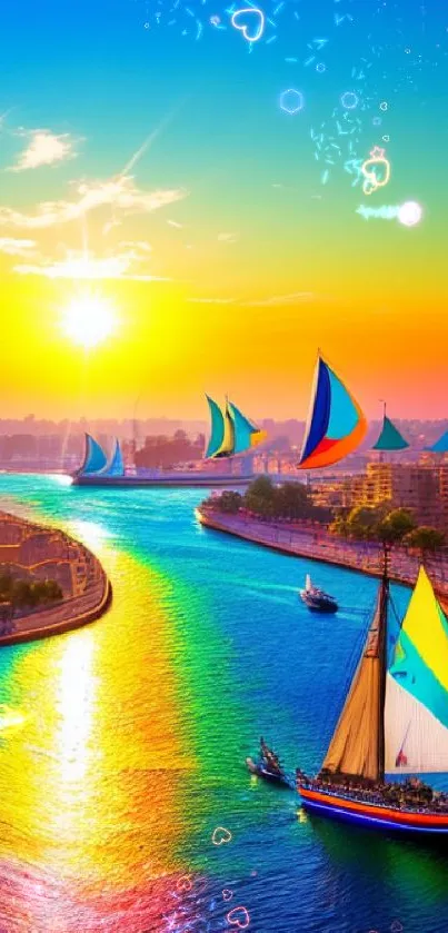 Vibrant sunset river wallpaper with sailboats and vivid colors for mobile.