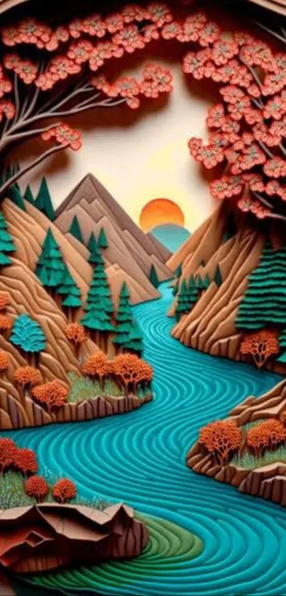 Artistic illustration of a river flowing through a vibrant valley.