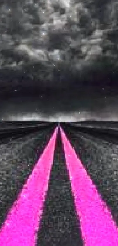 Pink striped road under dark, stormy clouds in an artistic wallpaper.