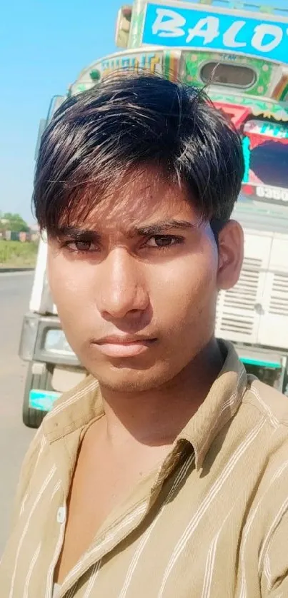 Vibrant roadside selfie with colorful truck and clear blue sky.