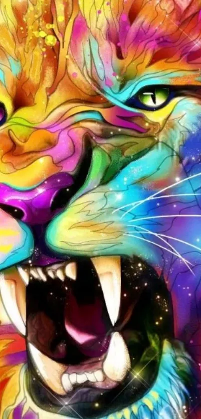 Colorful lion roaring in vibrant artwork.