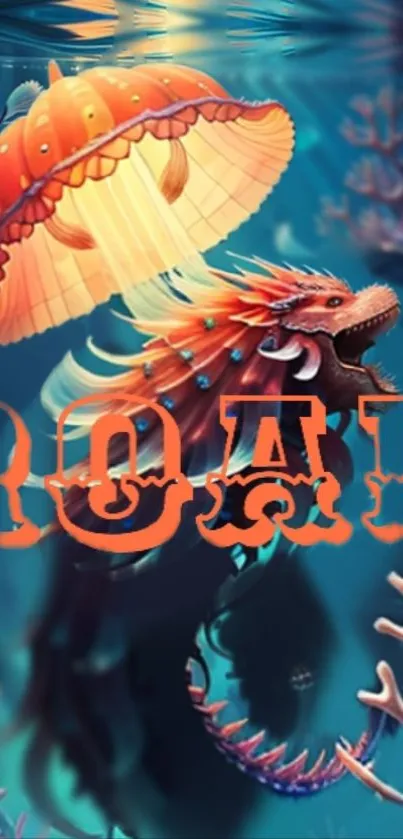 Fantasy sea dragon and jellyfish mobile wallpaper with vibrant colors and 'ROAR' text.