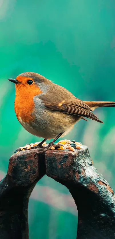 Vibrant robin perched on textured iron with teal background.