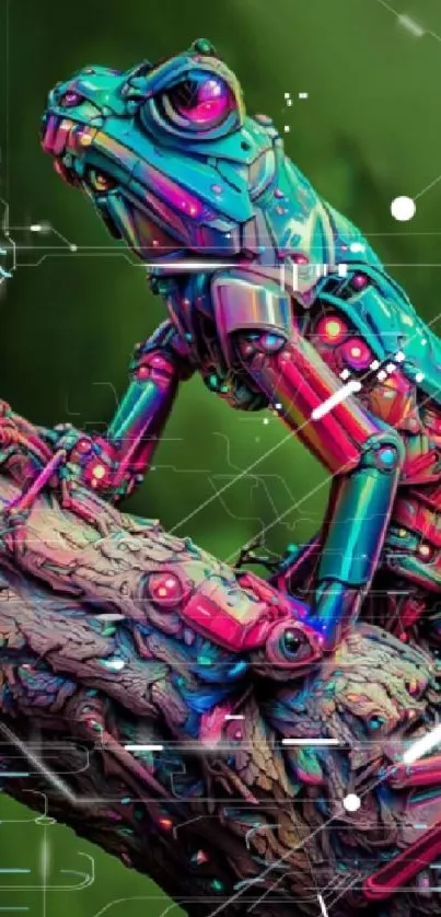 Robotic lizard with neon colors on a digital nature backdrop.