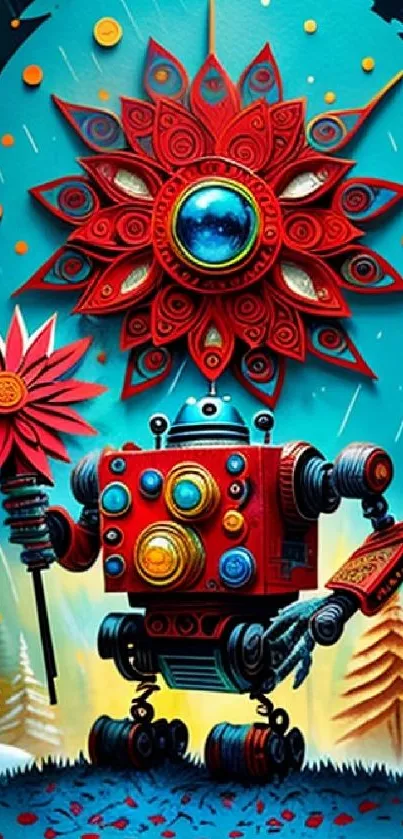 Whimsical robot with floral backdrop in vibrant fantasy setting.