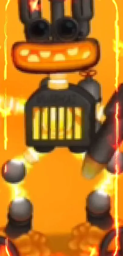 Orange background with fiery robot design amid glowing flames.