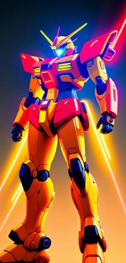 Vibrant robot warrior with dynamic colors against an orange backdrop.