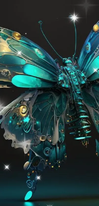 Vibrant teal robotic butterfly on dark background