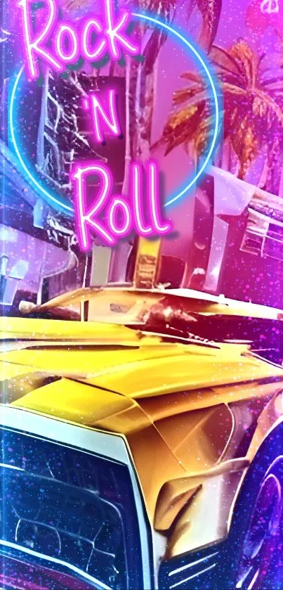 Vibrant neon Rock 'n' Roll mobile wallpaper with classic car.