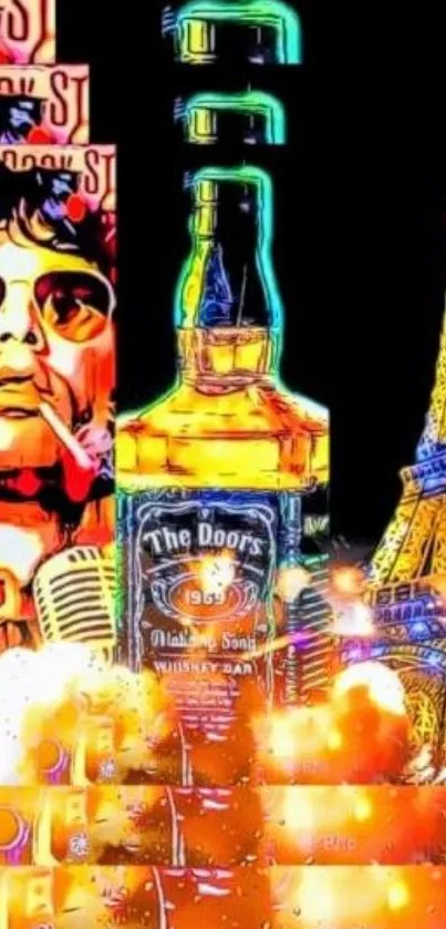 Vibrant rock-themed wallpaper with Eiffel Tower and whiskey art.