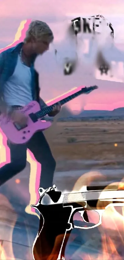 Rock guitarist with pink guitar amidst flames and sunset.