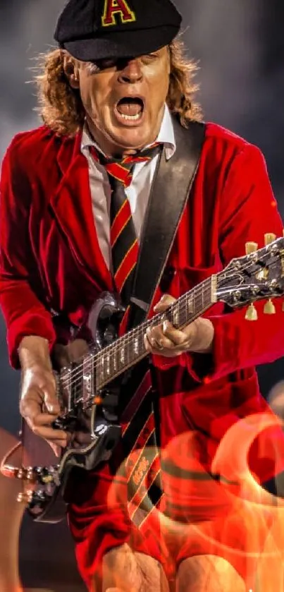 Rock musician in vibrant red outfit playing electric guitar on stage.