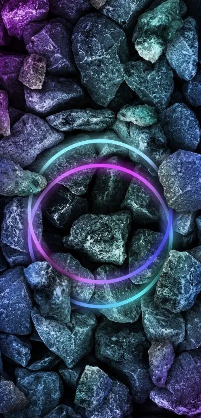 Vibrant neon circle on rocky surface wallpaper.