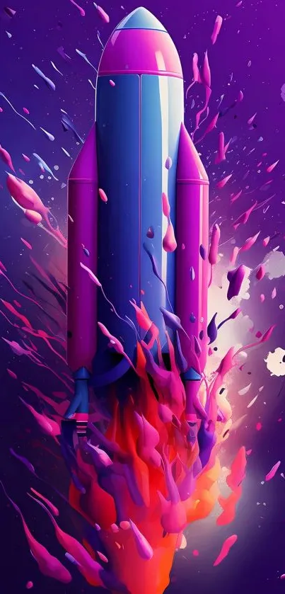 Vibrant rocket with colorful splash on purple background.